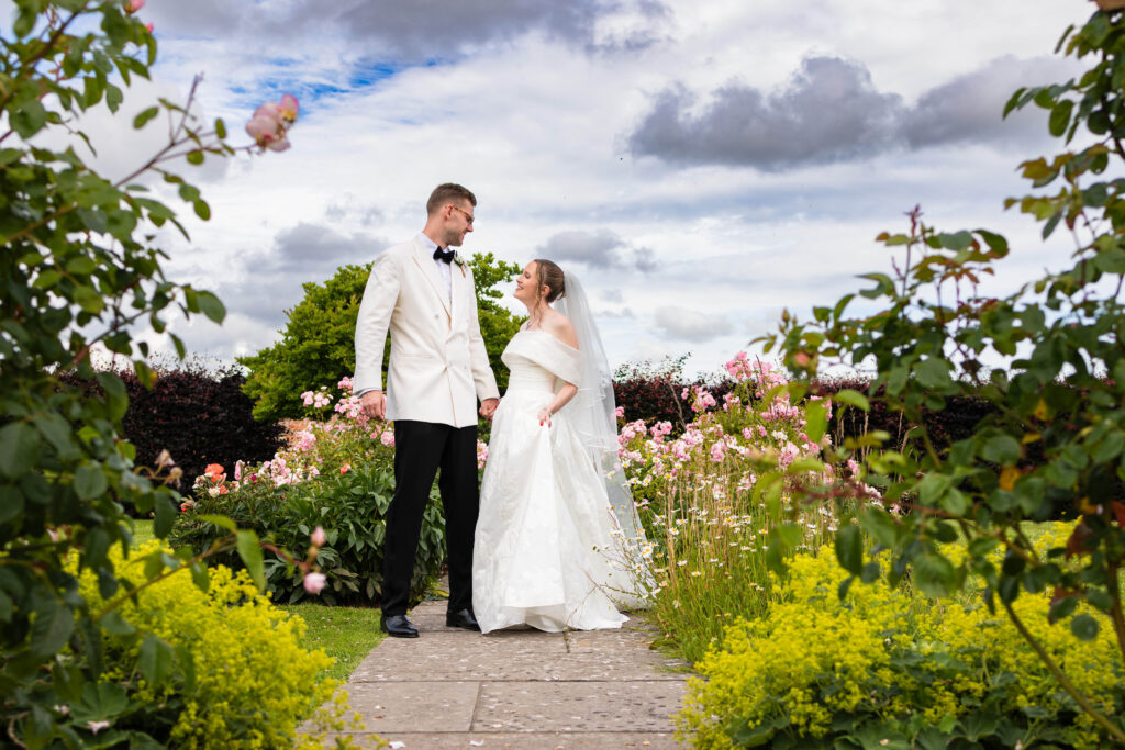 Couple portrait in the walled garden at North Cadbury Court